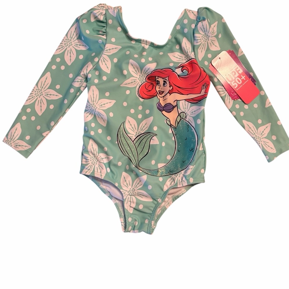 Disney Ariel Girls' Turquoise and White Long Sleeve One-Piece Swimsuit